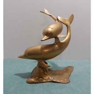 Vintage Mid Century Brass Dolphins Statue Nautical Sea Decor
